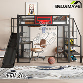 Bellemave® Full Size Metal Loft Bed with Built - in Desk, Open Wardrobe, Basketball Hoop, Slide and Staircase - Bellemave